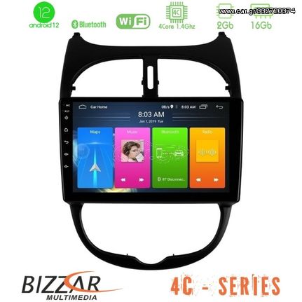 Bizzar 4C Series Peugeot 206 4Core Android12 2+16GB Navigation Multimedia Tablet 9"