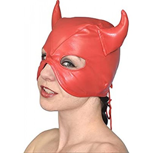 Devils RED Leather Half Face Role Play Hood Harness