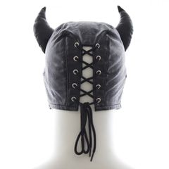 Devils BLACK Leather Half Face Role Play Hood Harness-thumb-9