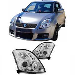 Μπροστινά Φανάρια Set Για Suzuki Swift 05-10 Angel Eyes & Led Χρωμίου H1/H1 Manual Junyan