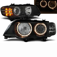 Μπροστινά Φανάρια Set Για Bmw X5 E53 99-03 Angel Eyes & Led Φλας Μαύρα Xenon D2S/H7 Με Μοτέρ Depo