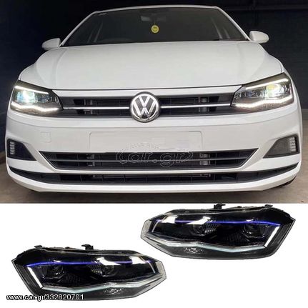 Μπροστινά Φανάρια Set Για Vw Polo Aw 17+ Drl Led Tube Gti Look Μαύρα Με Ασημί Γραμμή Upgrade With Xenon With Motor Carner