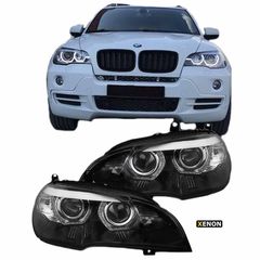 Μπροστινά Φανάρια Set Για Bmw X5 E70 07-10 3D Led Angel Eyes Μαύρα Xenon D1S Με Μοτέρ Sonar