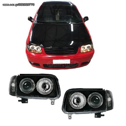 Μπροστινά Φανάρια Set Για Vw Polo 6N2 99-01 Angel Eyes Μαύρα H7/H7 Depo