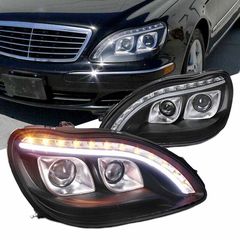 Μπροστινά Φανάρια Set Για Mercedes-Benz S-Class W220 98-05 Drl & Led Φλας ΜαύραH7/H1 Manual Junyan