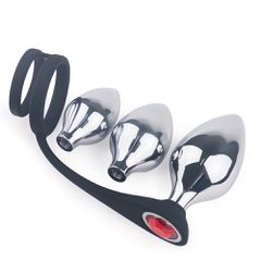 Double Silicone Penis Ring with 3 Metal Butt Plugs with Jewel