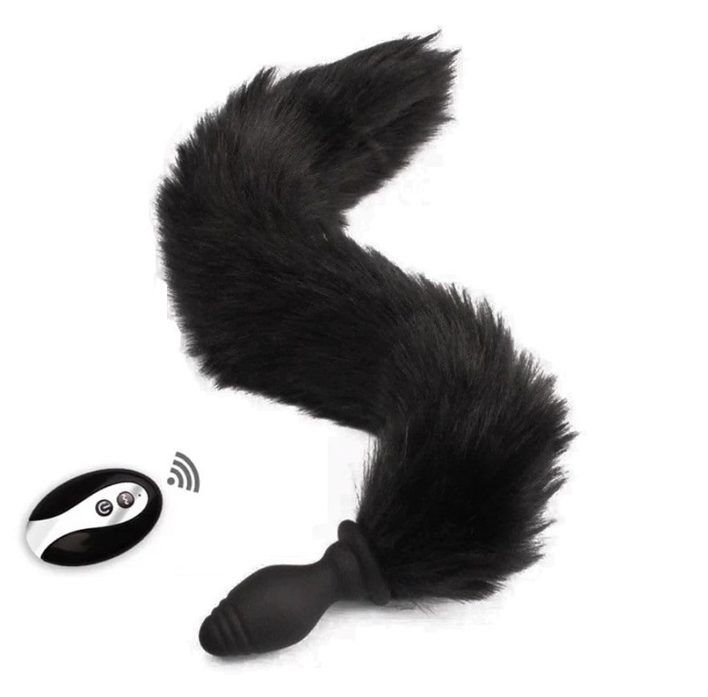Anal Plug with Tail, 10 Vibration Modes, Remote Control, Silicone, USB, Black