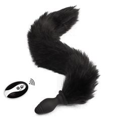 Anal Plug with Tail, 10 Vibration Modes, Remote Control, Silicone, USB, Black