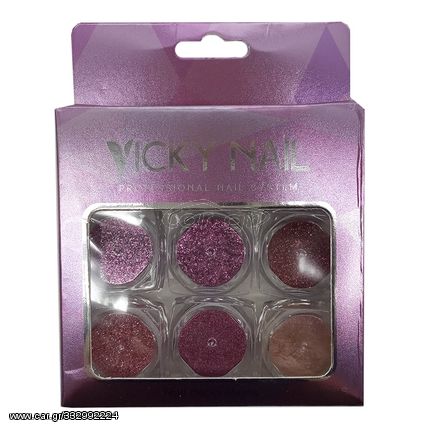 VICKY NAIL GLITTER ΣΚΟΝΗ ΓΙΑ ΝΥΧΙΑ PINK ΣΕΤ 6 ΤΕΜΑΧΙΩΝ