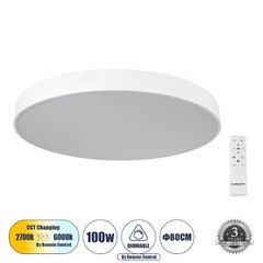 GLOBOSTAR® BURTON 61205-S Μοντέρνο Φωτιστικό Οροφής LED 100W 11020lm 120° AC 220-240V IP20 Ρυθμιζόμενο Λευκό CCT με Χειριστήριο από 2700K έως 6000K Dimmable - Lumileds SMD Chip - Λευκό Ματ - Μ80 x Π80