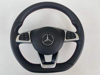 Mercedes-Benz τιμόνι γνήσιο AMG σαν καινούριο από w176 c117 x156 με κόκκινη ραφή χωρίς paddles, ταιριάζει και σε άλλα παλαιότερα μοντέλα