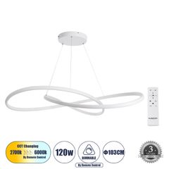 GLOBOSTAR® DEXTER 60918 Μοντέρνο Κρεμαστό Φωτιστικό Οροφής LED 120W 13440lm 300° AC 220-240V IP20 Ρυθμιζόμενο Λευκό CCT με Χειριστήριο από 2700K έως 6000K Dimmable - Lumileds SMD Chip - Λευκό Ματ - Μ1
