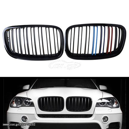 Καρδιές Μάσκας Για Bmw X5 E70 07-13 / X6 E71 08-14 M4 Look Με Διπλή Γρίλια Tri- Color Μαύρο Γυαλιστερό Με 7 Γρίλιες 2 Τεμάχια