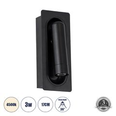 GLOBOSTAR® MANHATTAN 61097 Μοντέρνο Φωτιστικό Τοίχου - Απλίκα Ξενοδοχείου Reading Light LED 3W 405lm 36° AC 220-240V IP20 Φυσικό Λευκό 4500K - Bridgelux COB Chip & TÜV SÜD Driver - Μαύρο - Μ7 x Π7 x Υ