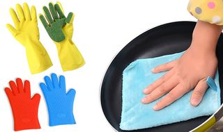 Σετ Κουζίνας με 1 ζευγάρι Γάντια Λάτεξ Καθαρισμού με Σφουγγάρι και 1 Ζευγάρι Χρωματιστά Γάντια Φούρνου Σιλικόνης και Σετ 3τμχ Πετσέτες Κουζίνας Γενικής Χρήσεως