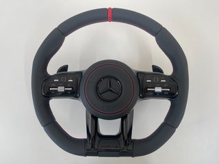 Mercedes-Benz τιμόνι γνήσιο μαύρο AMG performance καινούριο για W177 A-Class, C118 CLA-Class, W247 B-Class, H247 GLA με μαύρα paddles, κόκκινη ραφή και δερμάτινο αερόσακο