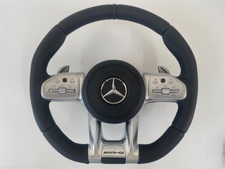 Mercedes-Benz τιμόνι γνήσιο AMG performance καινούριο για W177 A-Class, C118 CLA-Class, W247 B-Class, H247 GLA με paddles, μαύρη ραφή και δερμάτινο αερόσακο. Ταιριάζει και σε άλλα παλιότερα μοντέλα