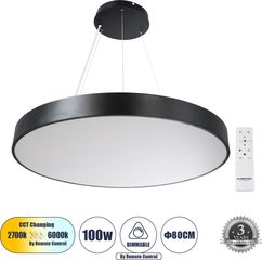 GloboStar Burton 61204-P Κρεμαστή Πλαφονιέρα Οροφής Led Cct 100W 11020lm 120° Ac 220-240V - Εναλλαγή Φωτισμού μέσω Τηλεχειριστηρίου All In One Ψυχρό 6000k+Φυσικό 4500k+Θερμό 2700k Dimmable Φ80cm - Μαύ