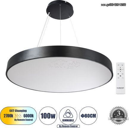 GloboStar Burton 61204-P Κρεμαστή Πλαφονιέρα Οροφής Led Cct 100W 11020lm 120° Ac 220-240V - Εναλλαγή Φωτισμού μέσω Τηλεχειριστηρίου All In One Ψυχρό 6000k+Φυσικό 4500k+Θερμό 2700k Dimmable Φ80cm - Μαύ