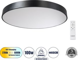 GloboStar Burton 61204-S Πλαφονιέρα Οροφής Led Cct 100W 11020lm 120° Ac 220-240V - Εναλλαγή Φωτισμού μέσω Τηλεχειριστηρίου All In One Ψυχρό 6000k+Φυσικό 4500k+Θερμό 2700k Dimmable Φ80cm - Μαύρο - 3 Ye