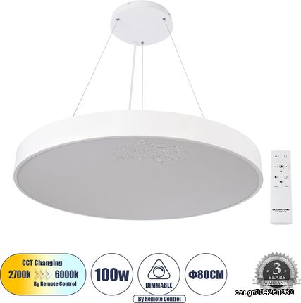 GloboStar Burton 61205-P Κρεμαστή Πλαφονιέρα Οροφής Led Cct 100W 11020lm 120° Ac 220-240V - Εναλλαγή Φωτισμού μέσω Τηλεχειριστηρίου All In One Ψυχρό 6000k+Φυσικό 4500k+Θερμό 2700k Dimmable Φ80cm - Λευ