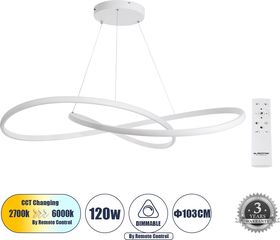 GloboStar Dexter Κρεμαστό Φωτιστικό Οροφής Design Led Cct 120W 13440lm 300° Ac 220-240V - Εναλλαγή Φωτισμού μέσω Τηλεχειριστηρίου All In One Ψυχρό 6000k+Φυσικό 4500k+Θερμό 2700k Dimmable Φ103cm - Λευκ