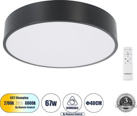 GloboStar Burton 61200-S Πλαφονιέρα Οροφής Led Cct 67W 7370lm 120° Ac 220-240V - Εναλλαγή Φωτισμού μέσω Τηλεχειριστηρίου All In One Ψυχρό 6000k+Φυσικό 4500k+Θερμό 2700k Dimmable Φ40cm - Μαύρο - 3 Year