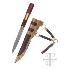 Viking Knife, Damascus Steel Blade and Wood/Brass Handle