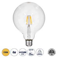 GLOBOSTAR® BUBBLE 99012 Λάμπα E27 G125 LED 4W 400lm 360° AC 220-240V IP20 Θερμό Λευκό 2700K Dimmable - Long Filament Chip - Διάφανο - Μ12.5 x Π12.5 x Υ18cm - 3 Χρόνια Εγγύηση