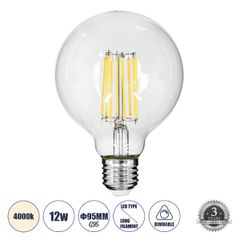 GLOBOSTAR® BUBBLE 99054 Λάμπα E27 G95 LED 12W 1320lm 360° AC 220-240V IP20 Φυσικό Λευκό 4500K Dimmable - Long Filament Chip - Διάφανο - Μ9.5 x Π9.5 x Υ13.5cm - 3 Χρόνια Εγγύηση