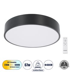 GloboStar® BURTON 61200-S Πλαφονιέρα Οροφής LED CCT 67W 7370lm 120° AC 220-240V - Εναλλαγή Φωτισμού μέσω Τηλεχειριστηρίου All In One Ψυχρό 6000k+Φυσικό 4500k+Θερμό 2700k Dimmable Φ40cm - Μαύρο - 3 Yea