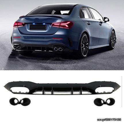 Diffuser Πίσω Προφυλακτήρα Για Mercedes-Benz A-Class W177 19+ Sedan Amg Look Με Μαύρες Μπούκες 