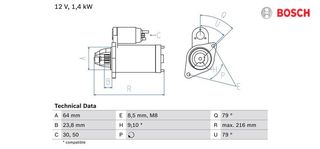 BOSCH Μίζα OPEL Corsa C (X01) - Meriva A (X03) - Combo C Tour - Astra H (A04) -  Corsa D (S07) - Astra J (P10) - Meriva B (S10) - Astra Classic (A04)