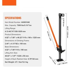 High Lift Farm Jack, 123cm Utility Farm Jack, 3200kg Capacity Ratcheting Off Road Utility-thumb-1