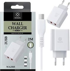 Woox WA2505 Dual USB x 2.1A με 2 μέτρα καλώδιο Micro USB White and Black Φορτιστής Ταξιδίου