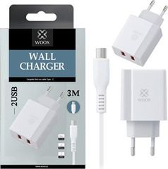 Woox WA2511 Dual USB x 2.1A με 3 μέτρα καλώδιο Micro USB White and Black Φορτιστής Ταξιδίου