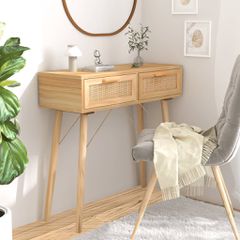Τραπέζι Κονσόλα Καφέ 80x30x75 εκ. Μασίφ Πεύκο & Φυσικό Ρατάν 345626