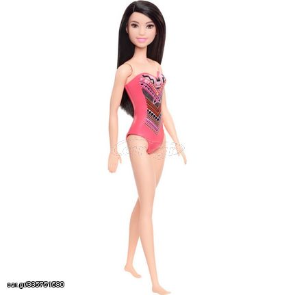 Barbie Doll Beach Pink Graphic Swimsuit Black Hair Doll GHW38
