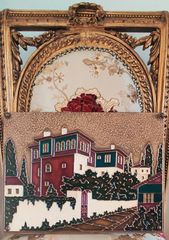 Παλιά χαλκοτεχνία, χρωματιστή, με θέμα αρχοντικά σπίτια μακεδονικού αρχιτεκτονικού ρυθμού, ρετρό, ντεκόρ, διακόσμηση