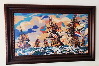 Κεντητός πίνακας αντίκα με θέμα γαλλικά πολεμικά πλοία σε φουρτουνιασμένη θάλασσα