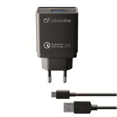 Cellular Line 303869 Φορτιστής με Θύρα USB-A και Καλώδιο USB-C 18W Quick Charge 3.0 Μαύρος