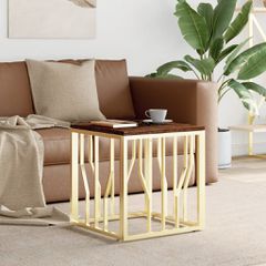 Τραπεζάκι Σαλονιού Χρυσό Ανοξείδωτο Ατσάλι & Μασίφ Ανακ. Ξύλο 350046