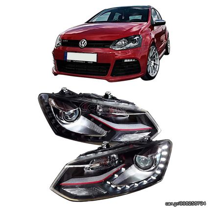 Μπροστινά Φανάρια Set Για Vw Polo 6R/ 6C 09-17 DRL GTI R-Look Μαύρα Με Κόκκινη Γραμμή H7/H7 Με Μοτέρ 