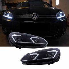 Μπροστινά Φανάρια Set Για Vw Golf VI (6) 08-12 DRL & Led Signal Dynamic Look Golf 7,5 Μαύρα Με ασημί Γραμμή H7 Με Μοτέρ OEM Eurocar Hellas