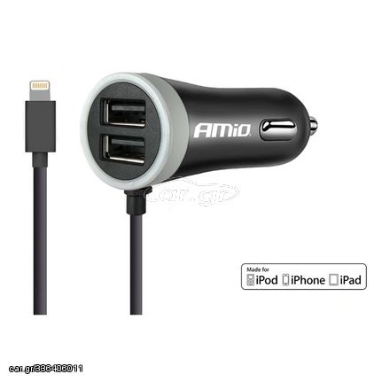 Κωδ.276427 ΦΟΡΤΙΣΤΗΣ ΑΝΑΠΤΗΡΑ 12V 2,4A ΜΕ 2 ΘΥΡΕΣ USB + 1 LIGHTNING USB ΜΕ ΚΑΛΩΔΙΟ AMiO – 1 ΤΕΜ. τηλ.215-215-8211