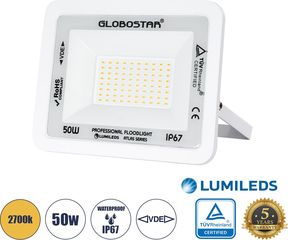 GloboStar Atlas Επαγγελματικός Προβολέας Led 50W 5750lm 120° Ac 220-240V - Αδιάβροχος IP67 - Μ21 x Π3.5 x Υ16cm - Λευκό - Θερμό Λευκό 2700K - Lumileds Chips - Tuv Rheinland Certified - 5 Years Warrant