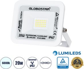 GloboStar Atlas Επαγγελματικός Προβολέας Led 20W 2500lm 120° Ac 220-240V - Αδιάβροχος IP67 - Μ12 x Π2.5 x Υ9.5cm - Λευκό - Ψυχρό Λευκό 6000K - Lumileds Chips - Tuv Rheinland Certified - 5 Years Warran