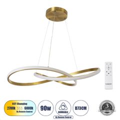 GLOBOSTAR® DEXTER 60916 Μοντέρνο Κρεμαστό Φωτιστικό Οροφής LED 90W 10080lm 300° AC 220-240V IP20 Ρυθμιζόμενο Λευκό CCT με Χειριστήριο από 2700K έως 6000K Dimmable - Lumileds SMD Chip - Χρυσό Βούρτσας