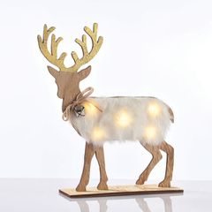 Ξύλινος τάρανδος με λευκή γούνα με 5 MINI LED σε θερμό χρώμα φωτός IP20 & 26x5x25cm
