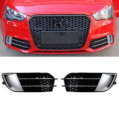 Δίχτυ Προφυλακτήρα Εμπρός Πλαινό Για Audi A1 8X 2010-2014 RS1 Look Γυαλιστερό Μαύρο / Ασημί Αριστερό & Δεξί 2 Τεμάχια